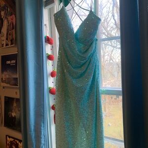 Floor length blue and green sequined formal dress